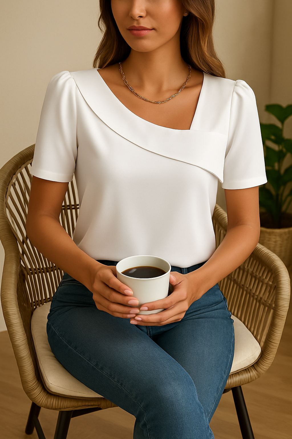 Mildred | Dames blouse met asymmetrische halslijn en pofmouwen