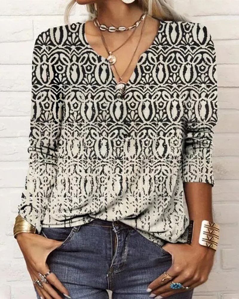 Aubrey | Top met Printje en Lange Mouwen